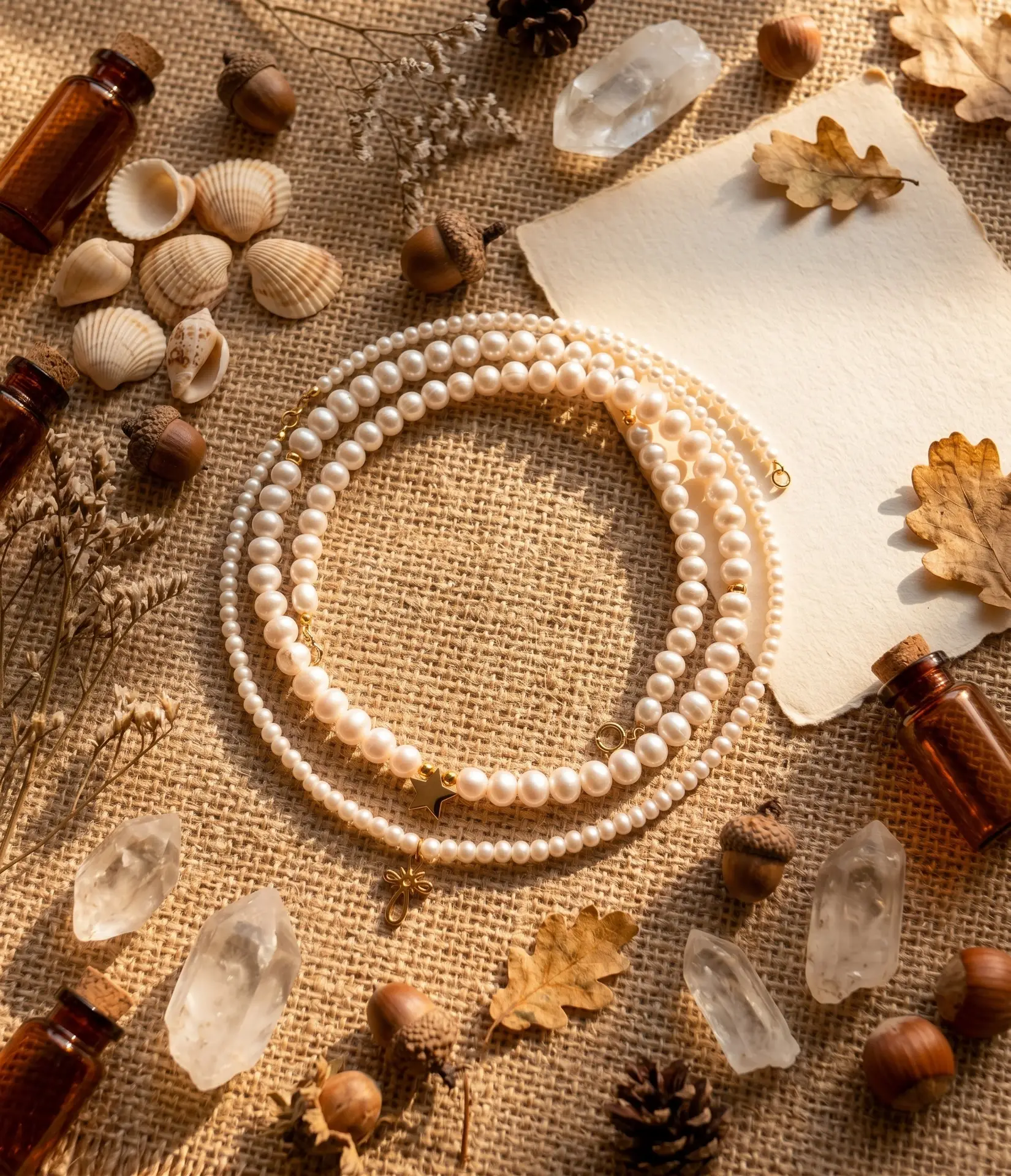 coliere perle Set Coliere Boho-Chic din Perle Naturale și Detalii Aurii – Eleganță în Straturi - imagine 1